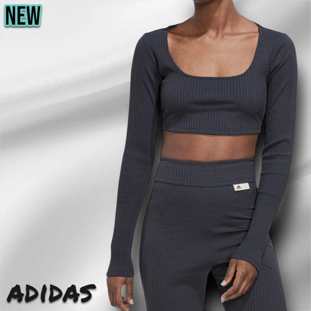 🔴New NWT adidas Women’s Studio Rib Long Sleeve Crop op Carbon - Large